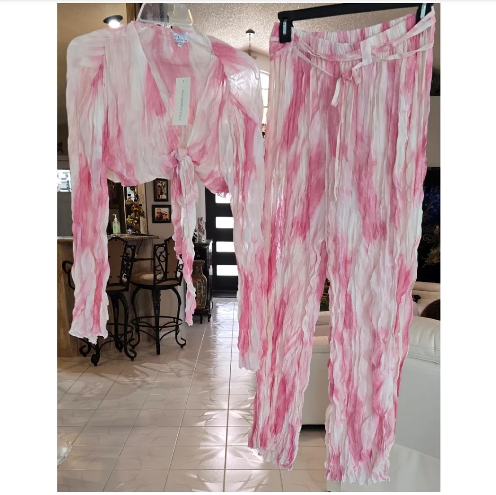 Hot & Delicious Vintage Pink and White Tie-Dye Pants Set, Size Large - Picture 4 of 16